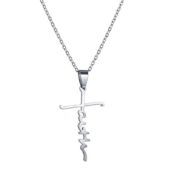 Jewelry - New Stainless Steel Cursive Faith Cross Religious Silver Minimalist Necklace